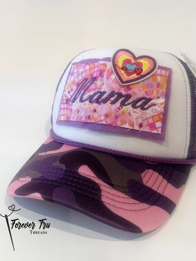Mama Camo tucker cap w/handmade patch